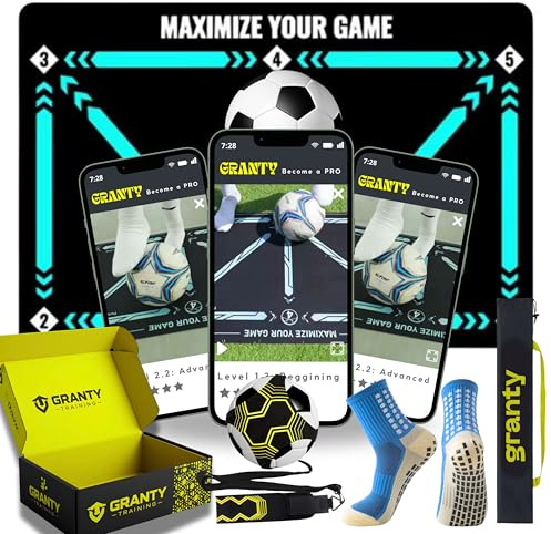 GRANTY Tapis d'entraînement de football AVEC APP - Inclut Kick Throw + Chaussettes + Sac + App d'entraînement avec vidéos interactives - Tapis d'entraînement de football