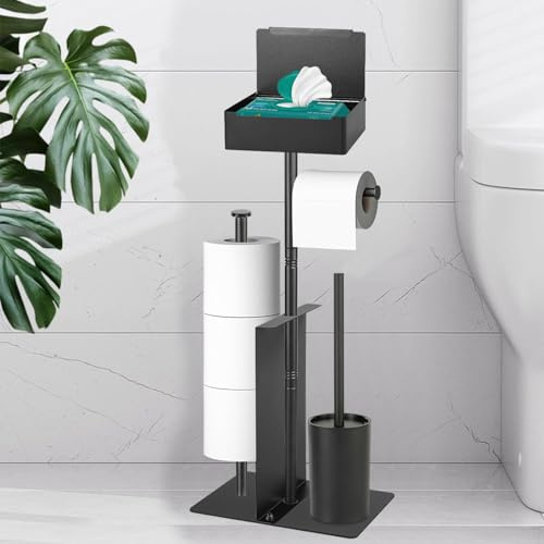 HISAMGO Portarrollos de Papel higiénico de pie de Acero Inoxidable Negro con escobilla y Juego de escobilla con contenedor para toallitas húmedas