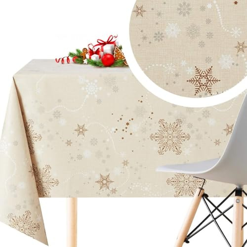 Festive Cream Merry Christmas Vinyl Table Cloth Wipe Clean Rectangle 300 x 140cm | 118 x 55in For 8-10 Seats - Reusable Heavy Weight Oilcloth With Embossed Xmas Gold Snowflakes PVC Tablecloths
