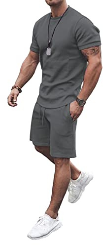 amropi Tuta Uomo Sportiva 2 Pezzi T-Shirt + Pantaloncini Estiva Maniche Corte Set Completo Grigio,4XL
