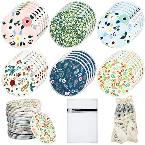 Sosation 30 Pcs Reusable Nursing Pads Washable Bamboo Breast Pads with Storage Bag and Cotton Laundry Bag Fresh Floral Pattern for Breastfeeding Mom Gifts