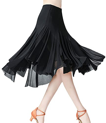 G-LIKE Moderner Tanz Damen Rock – Latein Tänze Walzer Tango Jazz Salsa Rumba Latin Performance Party Kostüm Dehnbar Midirock Gaze Tanzkleid für Frauen Mädchen (Schwarz)