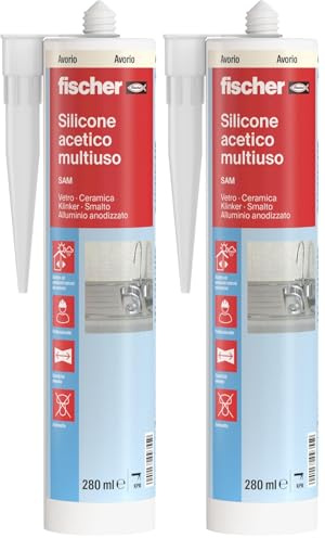 Fischer Silicone Acetico Multiuso SAM 280 Avorio, Sigillante Antimuffa per Vetro, Alluminio, Smalto, Ceramica, Adatto per Bagno e Cucina, 9355 (Confezione da 2)