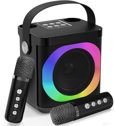 Karaoke Profesional Inalámbricos, Máquina de Karaoke Portátil con Micrófonos Inalámbricos para Adultos y Niños, Karaoke Completo 2 microfonos Luces LED, Fiesta en casa/KTV, al Aire Libre, Viajes
