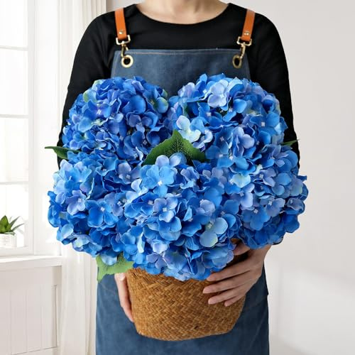 JINWOE Fiori artificiali di ortensia finta blu reale, 5 pezzi, 50 cm, grandi ortensie artificiali in seta, fiori finti completi per bouquet, centrotavola, matrimoni, interni e casa