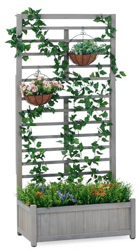 Garden Gear Grey Raised Wooden Planter & Climbing Trellis 170cm Height Durable Fir Wood Garden Bed for Climbers, Flowers, Vegetables (Grey)