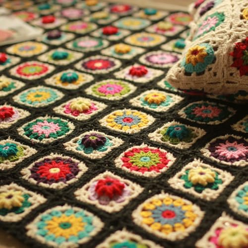 KIJING Coperta 100% fatta a mano all'uncinetto, stile maglione, morbida, per divano, letto, decorazione per la casa (nero, 120 x 80)