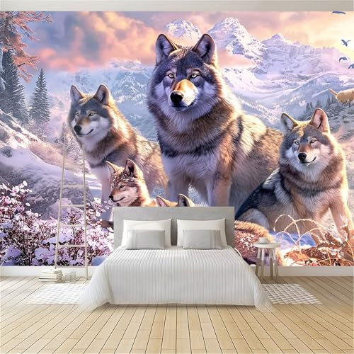 Générique Papier Peint Panoramique 3D Loup Animal De Montagne De Neige 200x140 cm Papier Peint Photo Mural Intissé, Poster Tapisserie Mural Personnalisé 3D Pour Salon Chambre Décoration Murale