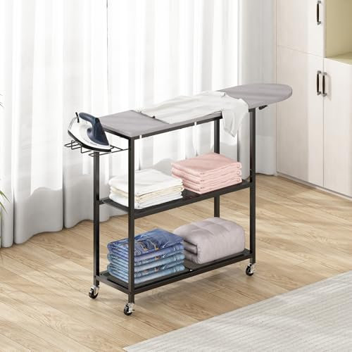GILLASIron & 2-Tier Storage Basket, Full-Size Ironing Board for Rest & Clothes, Rustic Ironing Stand