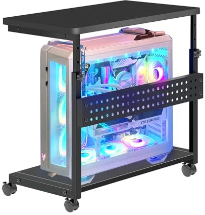 RayLove Height Adjustable Computer Tower Stand, 2-Tier Heavy Duty Mobile PC Tower Stand with 4 Locking Swivel Casters for Most Carpets, Gaming PC and Printer (Black)