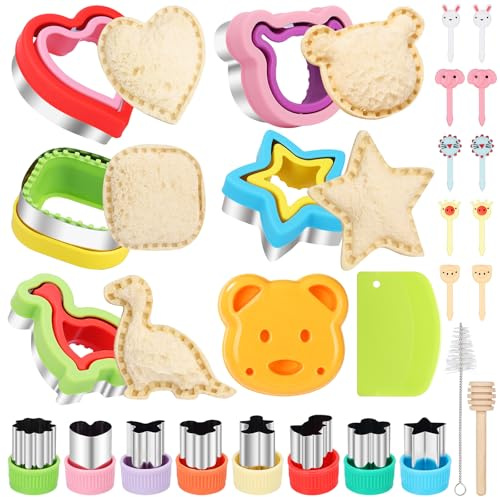 27Pcs Sandwich Cutter and Sealer Set，5pcs Bread Sandwich Sealer Decruster Maker,1pcs Bear-Shaped Silicone Mould and 8pcs mini Vegetable Cutters and 12pcs Ancillary Accessories