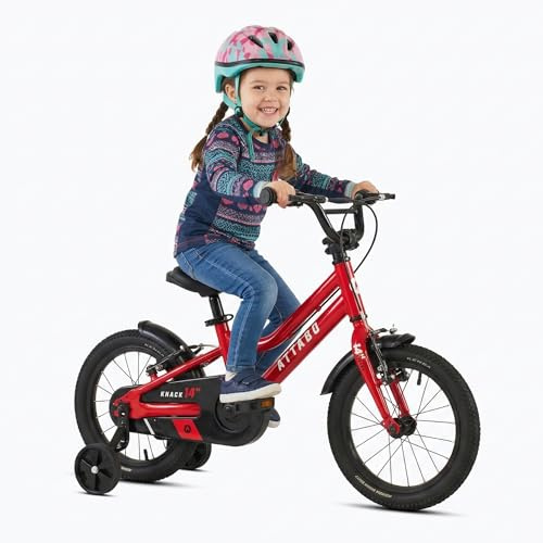 ATTABO Knack 14 - Bicicletta per bambini (2-5 anni) con telaio in alluminio leggero (8 kg), ruote da 14, per 85-110 cm, portata fino a 50 kg, manubrio ergonomico, ideale per i primi viaggi