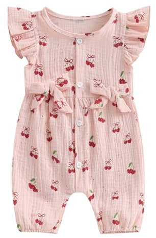 XIXIMAON Baby Girls Rompers Cherry Print Round Neck Flying Sleeve Bow Decor Button Down Bodysuits Infant Outfit Newborn Summer Clothes Linen Jumpsuit (Pink, 3-6 Months)