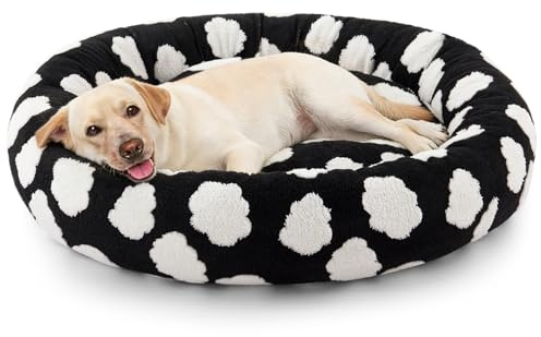 JOEJOY Donut Large Dog Bed, Cute Round Calming Dog Bed with Removable Washable Cover, Orthopedic Pet Beds with Jacquard Shaggy Plush & Non Skid Bottom, Black