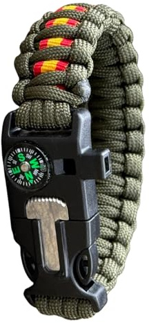 Pulsera de Supervivencia ESPAÑA a Medida 5 en 1 con Silbato, brújula, pedernal, raspador y Cuerda de Paracord 550 Tipo III. Hecha a Mano en España. Color Verde Militar (Talla 20)