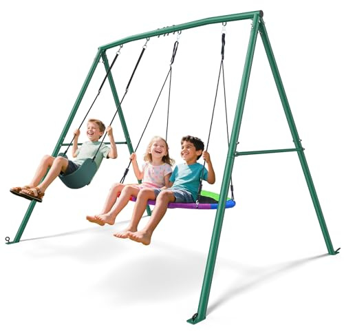 Trekassy Juegos de columpios de 2 asientos de 440 libras para patio trasero, 1 nido y 1 columpio de cinturón con soporte de metal resistente para exteriores para parque infantil, juego de juegos