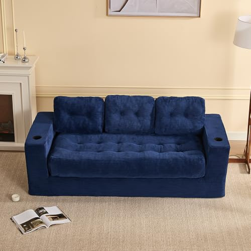 Litbird Sofá de 3 plazas de 190 cm para salón, sofá de Suelo de Pana sin Boneless con Cojines, reposabrazos y Soporte Doble para Bebidas, con Respaldo, no Requiere Montaje (Azul Marino)
