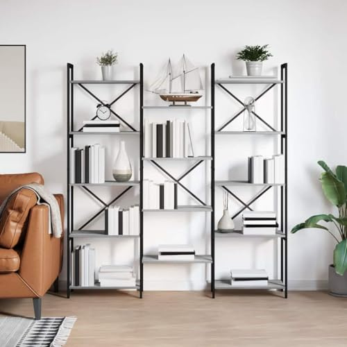 QZZCED Scaffale industriale indipendente grigio Sonoma 156 x 25 x 167,5 cm con ripiani a gradini e struttura incrociata resistente per libri e decorazione di interni