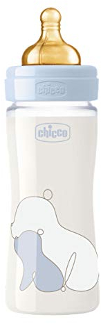 Chicco Original Touch Glass Bottle, Slow Flow, Blue, 240 ml