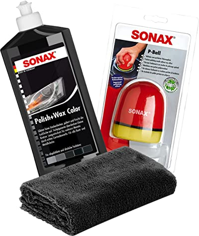 detailmate SONAX Hand Polier Set: SONAX Polish+Wax Color schwarz 500ml Politur + SONAX P-Ball ergonomischer Polier Ball Edgeless Superflausch Mikrofaser Poliertuch 40x40cm, 550GSM