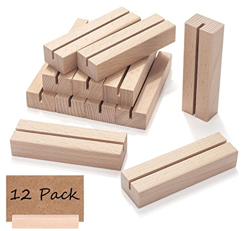 FACATH 12 Pieces Wood Place Card Holders, Wooden Postcard Holder, Signs Table Number Stands Rustic Acrylic Sign Stand for Wedding Party Menu Table Dinner Home Party Events Decoration
