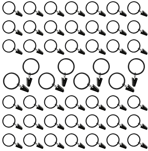 50 anelli per tende con clip, anello in metallo antiruggine, diametro 25 mm, per tenere tende pesanti, set di aste e drappeggi, colore nero