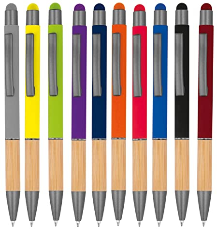 noTrash2003 10 ergonomische Kugelschreiber mit Metallspitze und Bambus Griffzone und Touchfunktion 10 Farben Druckkugelschreiber Mehrfarbig blauschreibend (Farbmix)