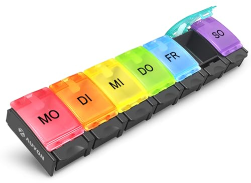 AUVON Tablettenbox 7 Tage, Pillendose 7 Fächer, Medikamentenbox, frei von BPA mit einem einzigartigen Design und großen Fächern für Vitamin-, Fischöltabletten, Medikamenten (Schwarz)