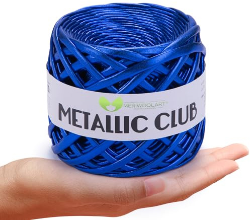 MeriWoolArt Premium metallic T-Shirt-garn, högkvalitativ polyester, läderutseende, stickgarn, 6–8 mm x 55 m garn textil, glänsande tillbehör