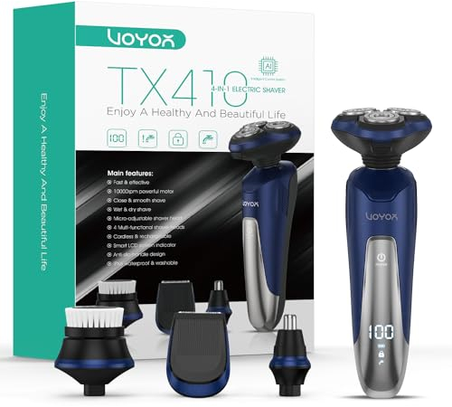 VOYOR Rasierer Herren Elektrisch Nass und Trockenrasierer Wiederaufladbarer Elektrorasierer mit LCD-Display und Reiseverriegelung Rotationsrasierer TX410 (Blau)