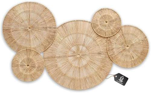CHI AN HOME 18 Inch Boho Wall Decor – Set of 5 Woven Jute Wall Baskets, Boho Wall Art & Decorative Basket Set, Farmhouse Wall Hanging, Handwoven Wall Plates for Living Room, Bedroom – 18, 14, 11, 8, 7