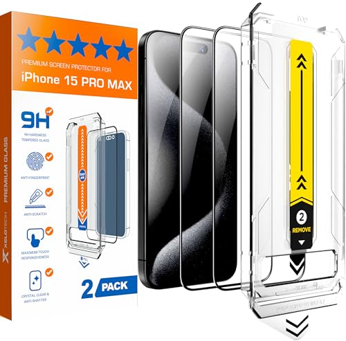 XeloTech Premium-Schutzglas für iPhone 15 Pro Max - Aus Panzerglas - TOP Bruchsicherheit Folie - Automatische Ausrichtung mit neuer Antistaub-Schablone, 2 Gläser - Extra Hart härter als 9H+