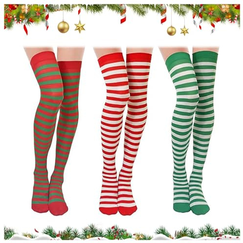 IHLOOTD Bas de Noel Femme 3 Paires Chaussette Haute Noel Chaussettes Lutin Collant Rayé Rouge Blanc Vert Femme Montante Jeux de Rôle, Réunions de Famille, Célébrations