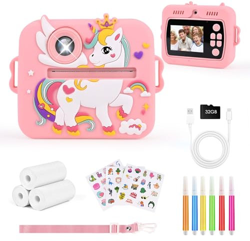 Euakee Appareil Photo Instantané Enfant, 1080P HD Appareil Photo Numérique Enfant avec Écran 2,4 & Carte 32 Go, Kids Camera, Cadeaux pour Garçons et Filles de 3 à 12 Ans(Rose)