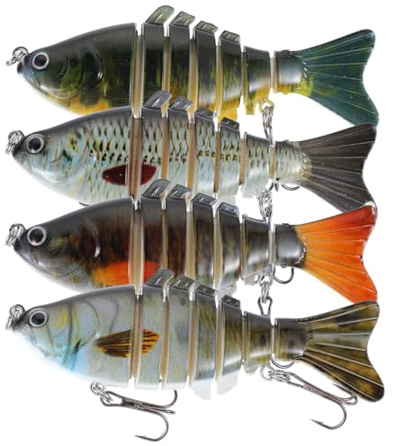 Ptwola 4 Pcs Lifelike Slow Sinking Swimming Bait Realistic Multi Jointed Fish Artificial Fishing Lures Pike Perch Freshwater Crankbaits Family Gear Kits for Bass Trout Crappie Walleye Pike Bluegill