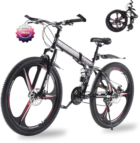 TRIOBLADE 24'' 26'' 27.5'' Folding Mountain Bike 21-Speed Foldable Mountain Bicycle with Dual Disc Brakes 3 Spoke Wheels Mountain Bikes,Dual Suspension Design for Adult Men Women (Black&Red, 24inch)