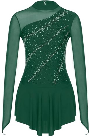 renvena Shiny Rhinestone Skating Dress for Women Long Sleeve Gymnastics Leotard Ballet Lyrical Dance Dress Green A S