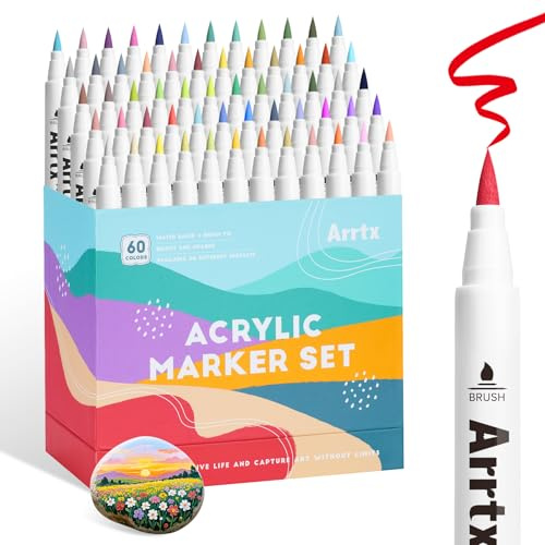 Arrtx 60C Rotuladores Acrílicos con Punta de Pincel, Marcadores de Pintura para Artistas y Adultos, 60 Tonos Naturales Impermeables para Piedra, Madera, Textiles, Cerámica, Vidrio