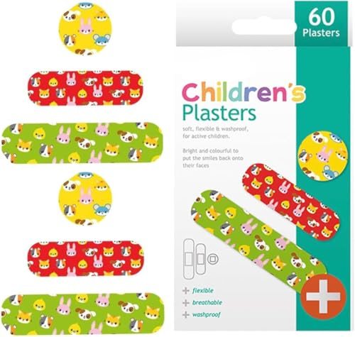 Hithika Kids Plasters 60 Pack, Assorted Sizes & Animal Designs, Colourful Washproof & Breathable Children's Plasters, Fun Unisex Bandages for Boys & Girls