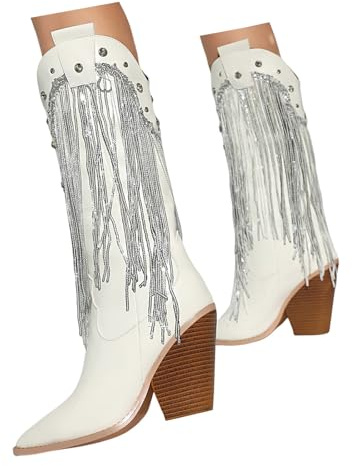 Xbemkste västerländska stövlar fransar kvinnor knähöga cowboystövlar med hög klack medelhöga damstövlar glitter fransstövlar vinterstövlar för fest konsert domrätt
