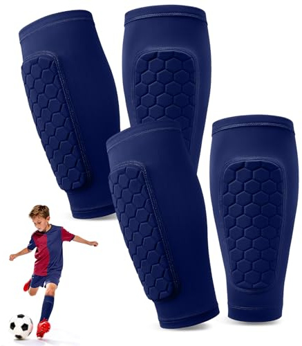 Pardofelis 2 Pares Espinilleras de Futbol para Niño, Protección de Pantorrilla Transpirable y Antideslizante, Anticolisión Celular Espinilleras de Fútbol para Niño y Jóvenes, Azul Oscuro S
