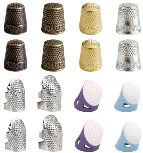 Thimbles for Hand Sewing, 16-Piece Assorted Thimble Set with Metal and Rubber Finger Protectors, 2.4x1.8cm Sewing Thimbles for Quilting, Needlework and Crafting Safety
