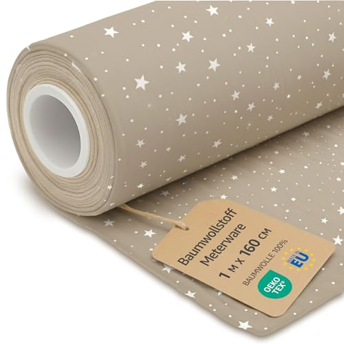 Tela algodon por metros 1M x 160 cm - Telas para costura patchwork decoracion y manualidades Ideal para ropa hogar disfraces y proyectos de costura creativa Oeko-Tex Beige con estrellas blancas