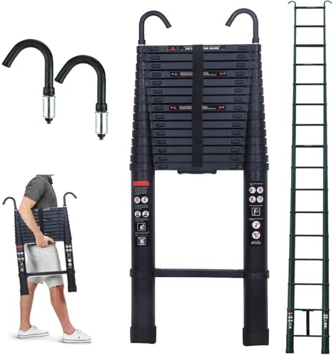 6,2M/20,34FT Aluminium Échelle Télescopique avec 2 Crochets Amovibles, Escabeau Antidérapant, Capacité de Charge de 150 kg - Noir