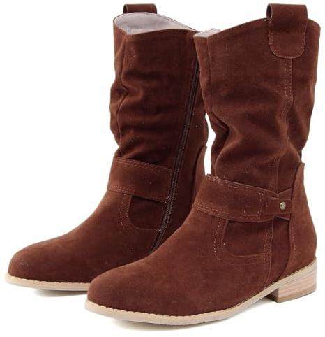 Botas vaqueras de gamuza de tacón bajo para mujer, botines casuales puntiagudos con cremallera, cómodos zapatos planos holgados a media pantorrilla, café, 41 1/3 EU