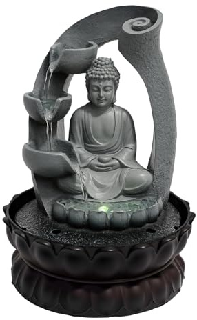 Fuente de interior de Buda Armonía, fuente de habitación, cascada, fuente de mesa con iluminación LED, Zen y Fengshui, espiritualidad, base en forma de loto (8,27 x 11,02 pulgadas)
