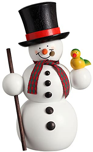 Rökelse snögubbe med fågel, 15 cm hög, original Erzgebirge av Seiffener Volkskunst SV 12213