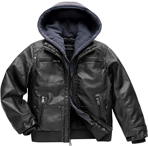 CREATMO Kids Leather Motorcycle Rain Pilot Jacket Black
