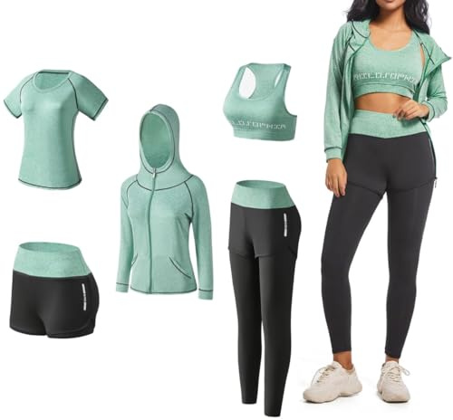 ODWTMRK Ensembles de Sport Femme Survêtement 5 Pièce Sportswear Costumes de Sport Gym Yoga Athletisme Fitness Jogging Tenue de Sport (Vert,S)