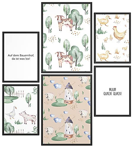 Papierschmiede® Bilder Kinderzimmer Kids Mood Poster Set Bauernhof, Kinderzimmer Bilder Babyzimmer Deko, 2x 30x40cm und 4x 20x30cm, Kuh Huhn Schwein Farm - Kinderposter ohne Rahmen